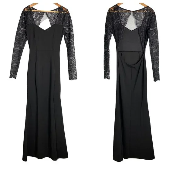 Windsor | Dresses | Windsor Black Floor Length Long Formal Cocktail Dress  Long Lace Sleeve Open Back | Poshmark